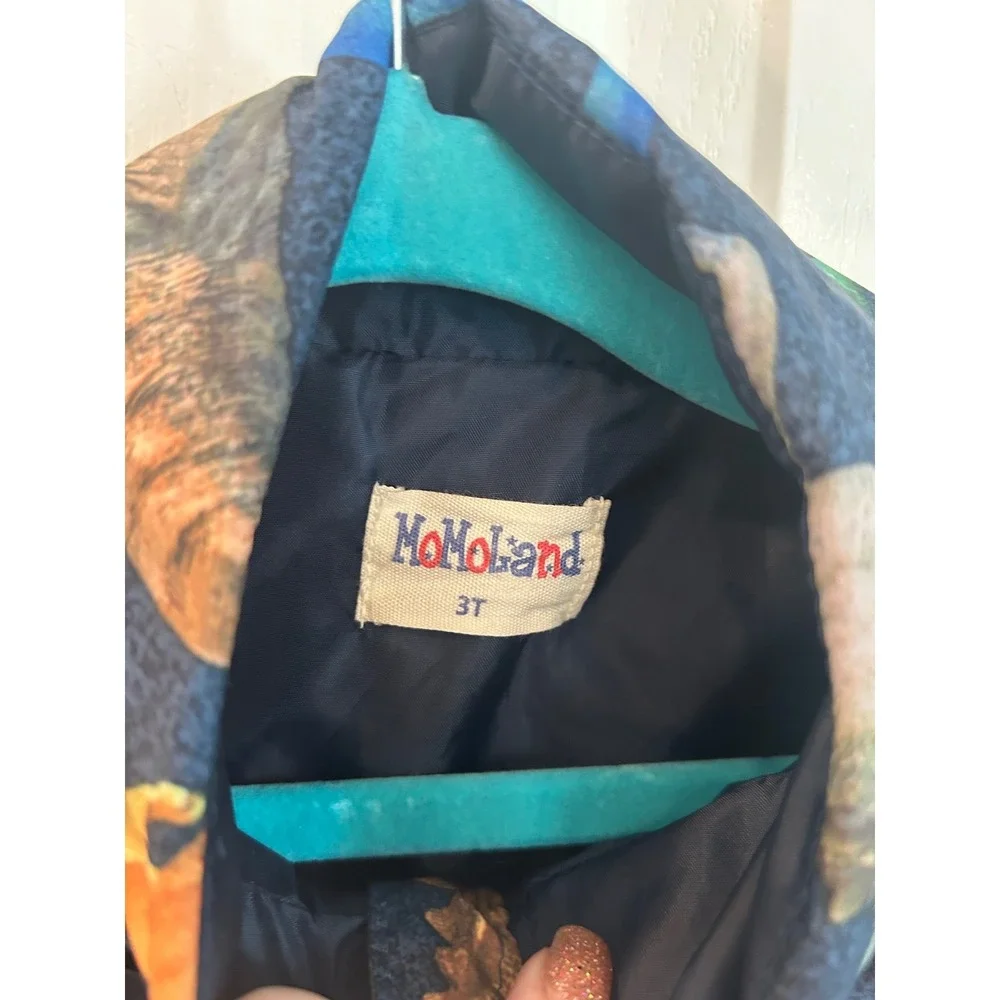 MoMoLand Puffer Vest Blue Dinosaur Tiger Print Zip Up Quilted Sleeveless Jacket‎